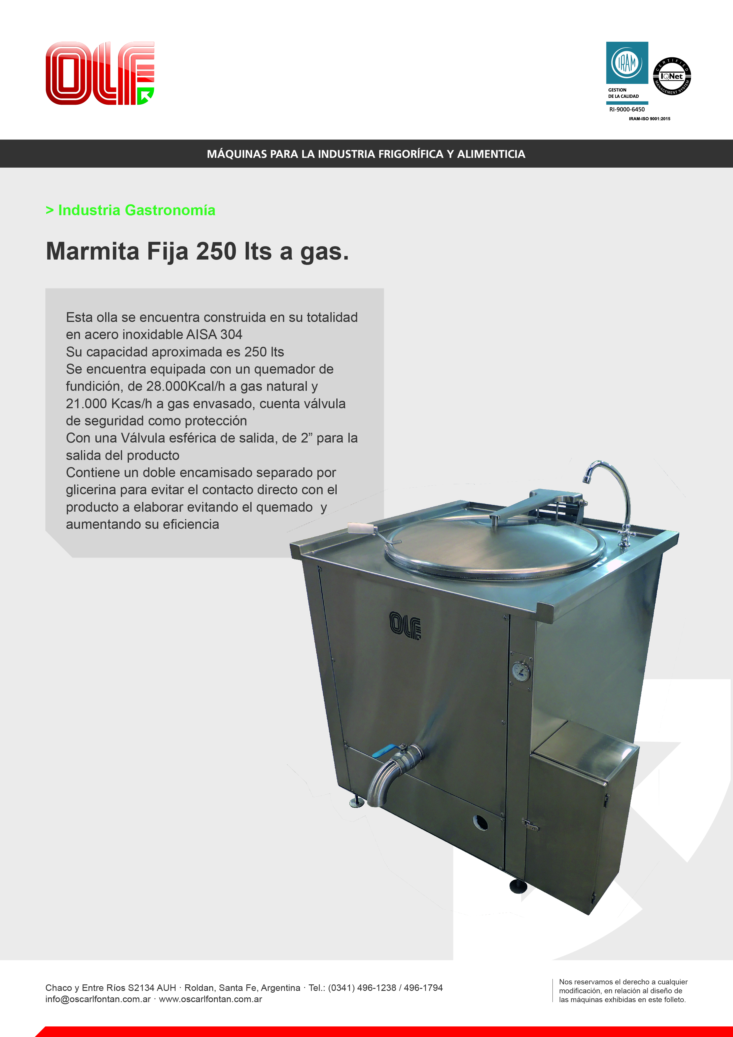 Marmita fija a gas 250lts